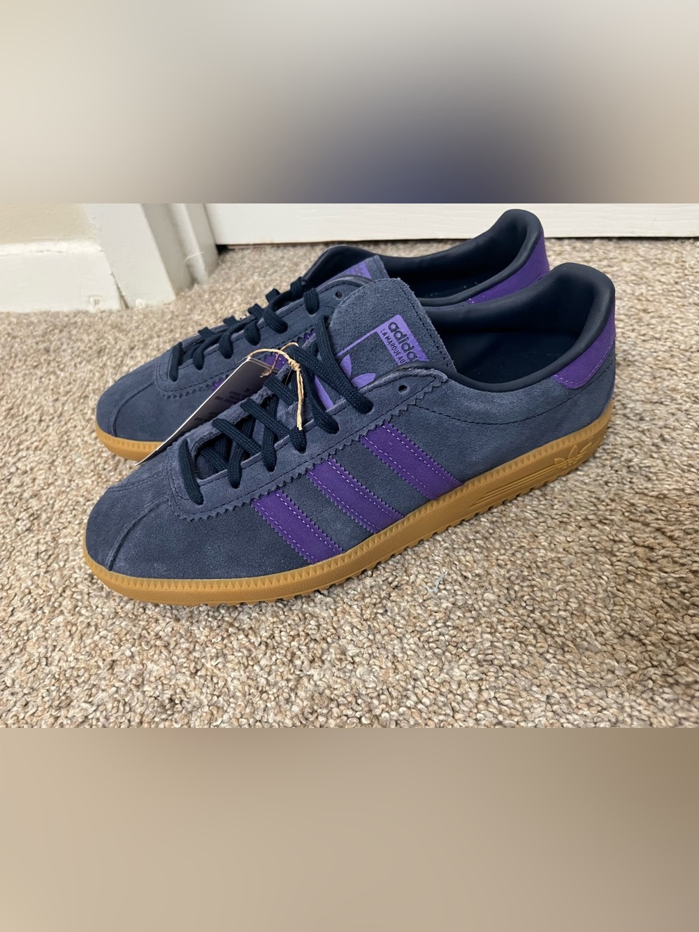 adidas Men’s Navy Suede Sneakers with Purple Stripes and Gum Sole